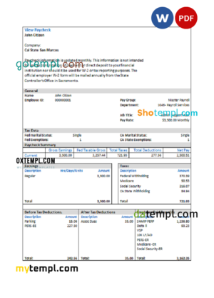 editable template, USA Cal State San Marcos payroll services company pay stub Word and PDF template