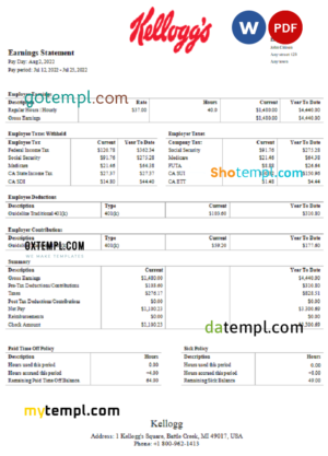 editable template, USA Kellog food processing company pay stub Word and PDF template