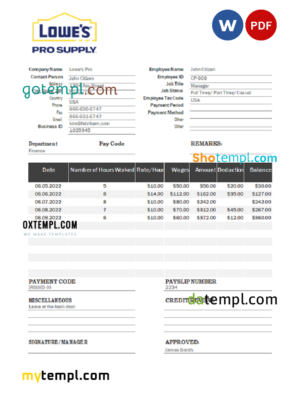 editable template, USA Lowe's Pro Supply wholesale company pay stub Word and PDF template