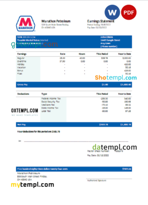 editable template, USA Marathon Petroleum company pay stub Word and PDF template