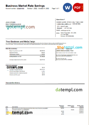 editable template, USA Wells Fargo bank statement Word and PDF template, version 2