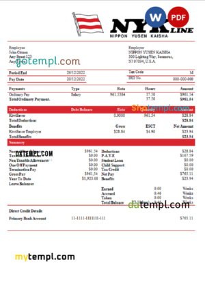 editable template, USA NIPPON YUSEN KAISHA shipping company pay stub Word and PDF template