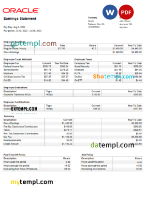 editable template, USA Oracle software company pay stub Word and PDF template