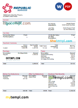 editable template, USA Republic Services waste management company pay stub Word and PDF template