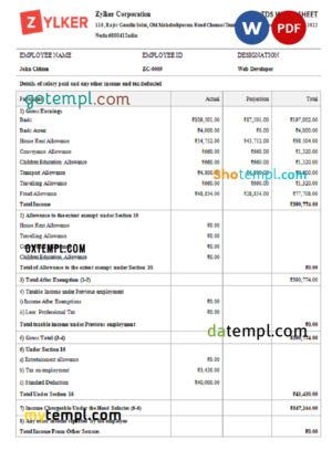editable template, India Zylker Corporation software company pay stub Word and PDF template