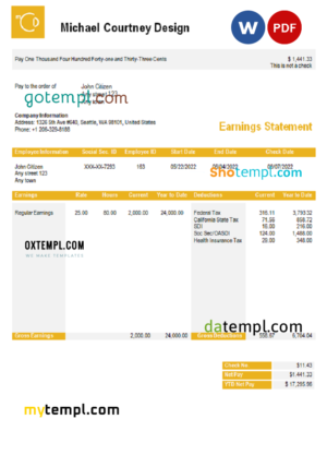 editable template, USA Michael Courtney Design graphic company pay stub Word and PDF template