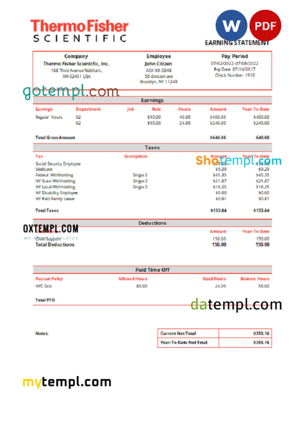 editable template, USA Thermo Fisher Scientific laboratory instruments company pay stub Word and PDF template
