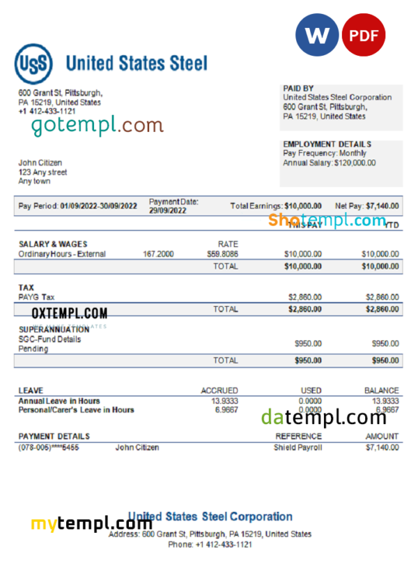 editable template, USA United States Steel Corporation steel production company pay stub Word and PDF template
