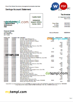 editable template, USA Capitec bank statement Word and PDF template