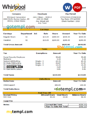 editable template, USA Whirlpool Corporation commercial company pay stub Word and PDF template