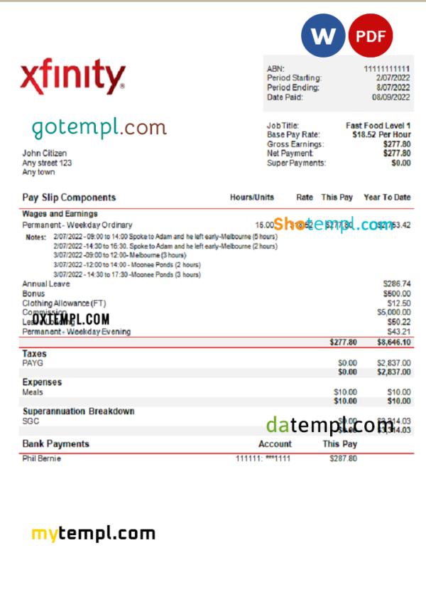 editable template, USA Xfinity broadasting company pay stub Word and PDF template