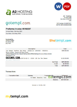 editable template, USA A2 Hosting invoice Word and PDF template