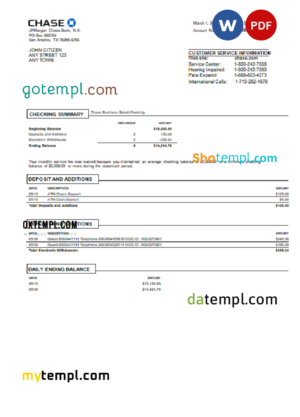 editable template, USA Chase bank statement Word and PDF template, version 3