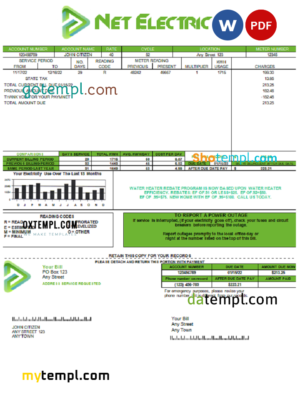 editable template, # net electric universal multipurpose utility bill, Word and PDF template
