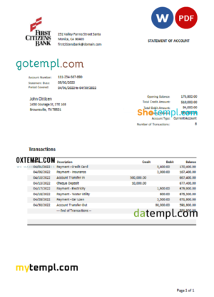 editable template, USA Texas First Citizens bank statement Word and PDF template