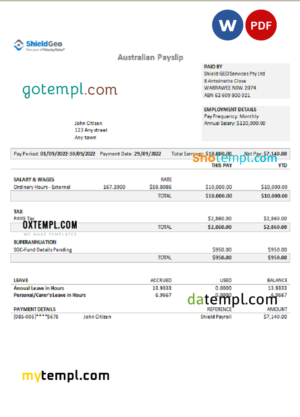 editable template, Australia Shield Geo consulting company pay stub Word and PDF template