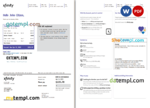 editable template, USA Philadelphia Xfinity utility bill Word and PDF template, 4 pages