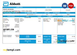 editable template, United Kingdom Abbott Laboratories medical devices distributing company pay stub Word and PDF template