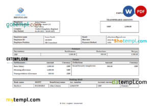 editable template, United Kingdom Mercans Global Payroll Solutions & Services payroll company pay stub Word and PDF template