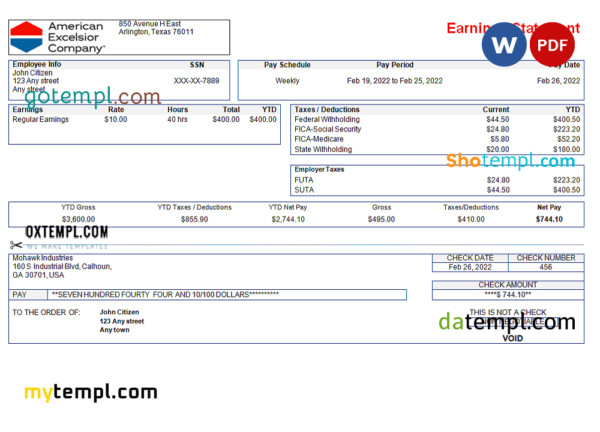 editable template, USA American Excelsior distribution company pay stub Word and PDF template