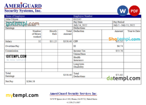 editable template, USA AmeriGuard Security Services Inc security company pay stub Word and PDF template