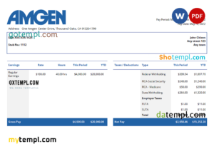 editable template, USA Amgen biotechnology company pay stub Word and PDF template