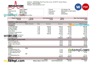 editable template, USA Broadcom semiconductor company pay stub Word and PDF template