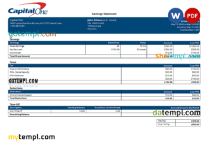 editable template, USA Capital One banking company pay stub Word and PDF template