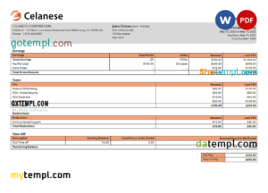 editable template, USA Celanese technology company pay stub Word and PDF template