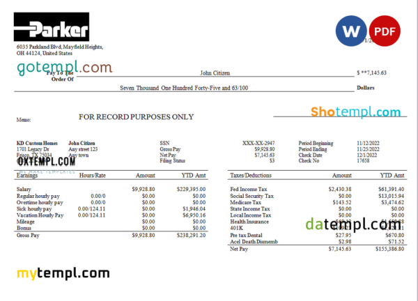 editable template, USA Parker Hannifin engineering company pay stub Word and PDF template