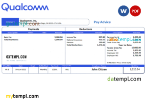 editable template, USA Qualcomm semiconductor company pay stub Word and PDF template