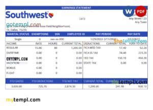 editable template, USA Southwest Airlines airlines company pay stub Word and PDF template