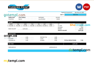 editable template, USA Turning Point Brands tobacco company pay stub Word and PDF template