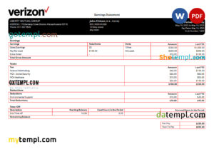 editable template, USA Verizon telecommunication company pay stub Word and PDF template