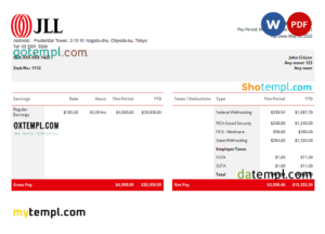 editable template, USA JLL real estate company pay stub Word and PDF template