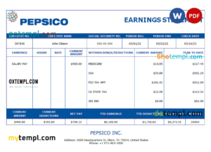 editable template, USA Pepsico Inc. drink producing company pay stub Word and PDF template