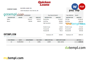 editable template, USA Quicken Loans Inc. mortgage loan company pay stub Word and PDF template