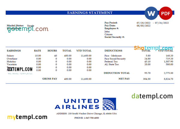 editable template, USA United Airlines Holdings airlines company pay stub Word and PDF template