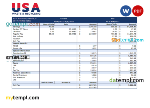editable template, USA Waste & Recycling recycling company pay stub Word and PDF template