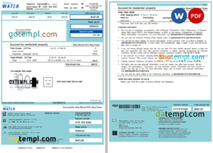 editable template, Australia Sydney Water utility bill, Word and PDF template, 2 pages