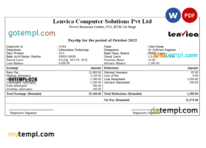 editable template, India Lenvica computer solutions company pay stub Word and PDF template