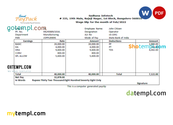 editable template, India Sadhana infotech pharmaceutical company pay stub Word and PDF template