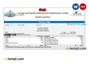 editable template, India Service and Payroll Administrative Repository for Kerala payroll company pay stub Word and PDF template