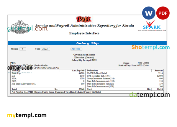 editable template, India Service and Payroll Administrative Repository for Kerala payroll company pay stub Word and PDF template