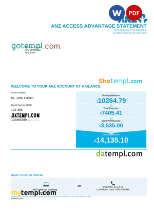 editable template, Australia ANZ bank statement, Word and PDF template, 5 pages