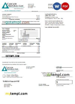 editable template, USA Cascade Natural Gas utility bill, Word and PDF template