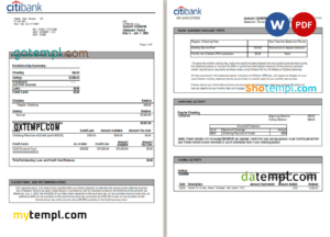 editable template, USA Citibank bank statement, Word and PDF template, 6 pages