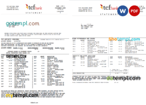 editable template, USA TCF bank statement, Word and PDF template, 3 pages