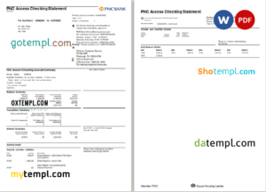 editable template, USA PNC bank statement, Word and PDF template, 2 pages
