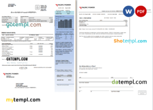 editable template, USA Pacific Power utility bill, Word and PDF template, 2 pages